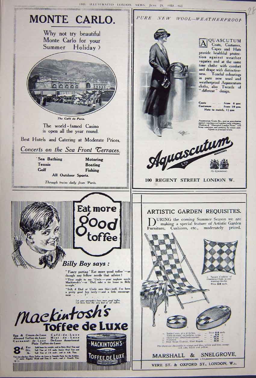 Old Vintage Print Advertisement 1922 Monte Carlo Toffee Aquascutum Garden 20th