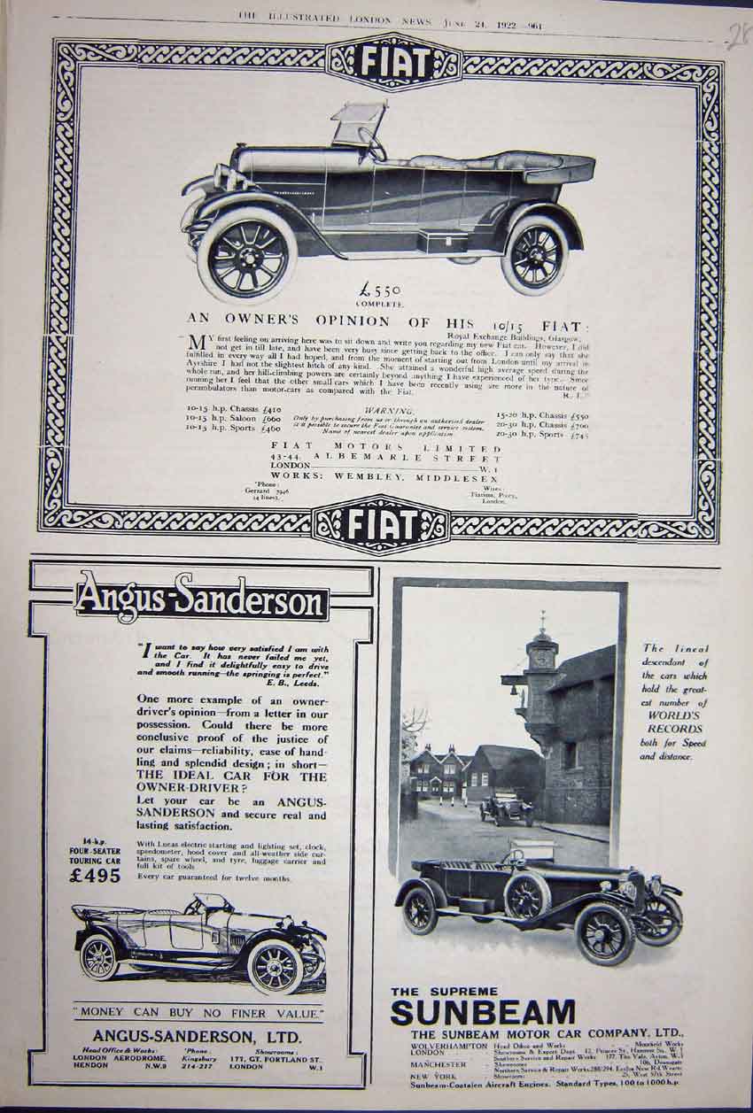 Original Old Vintage Print Fiat Motor Car Sunbeam Sanderson Advertisement 1922