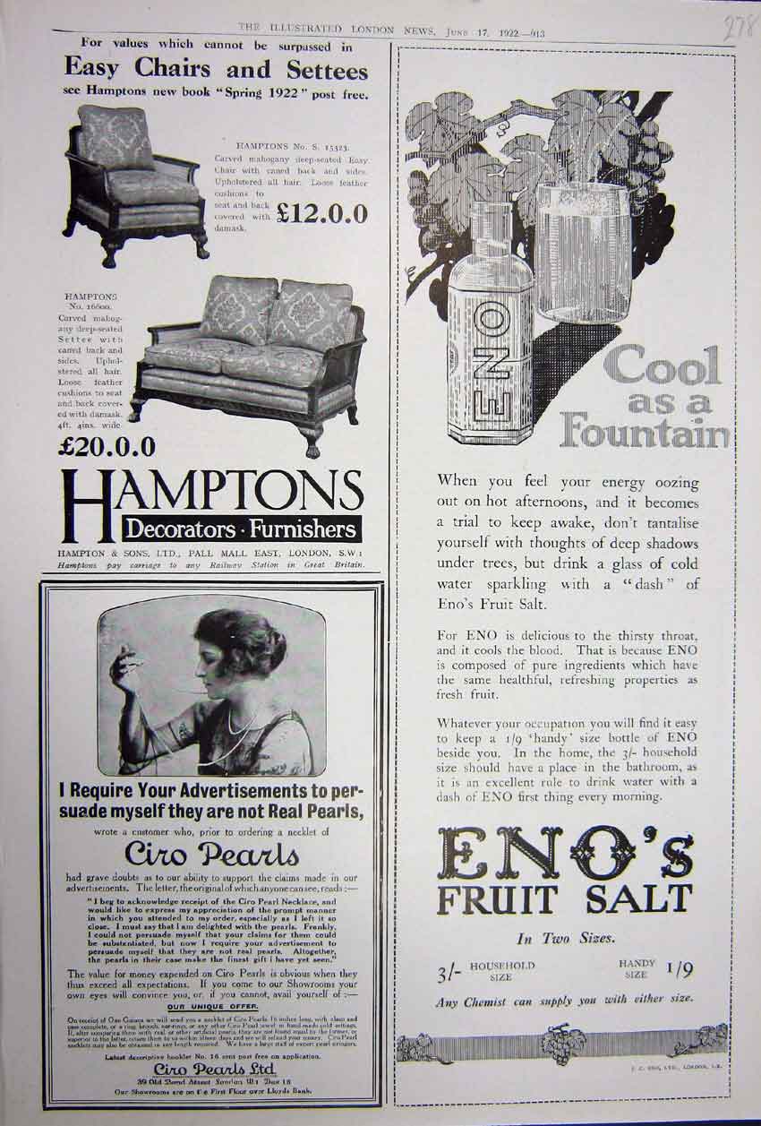 Old Vintage Print Advertisement 1922 Eno'S Fruit Salt Hamptons Ciro Pearl 20th