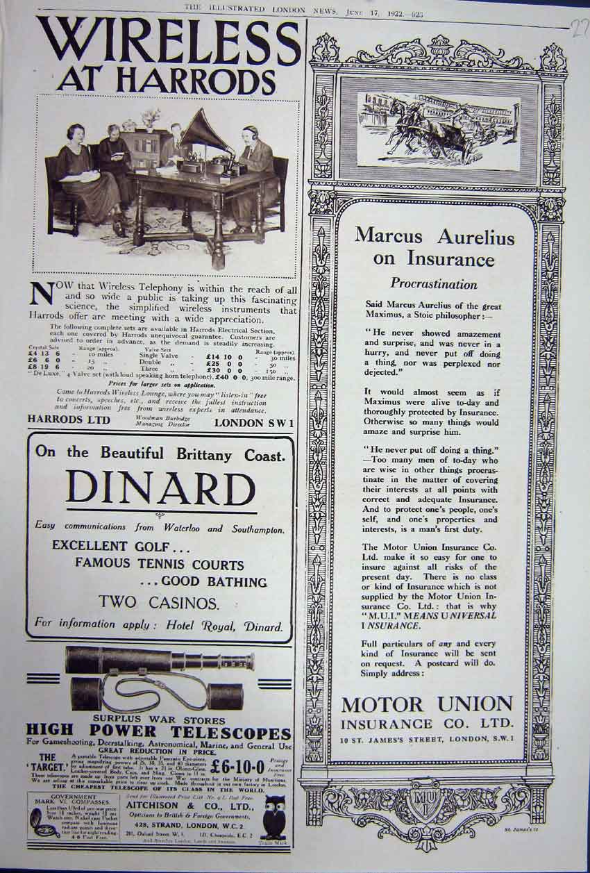 Old Vintage Print Advertisement 1922 Harrods Telescope Marcus Insurance 20th