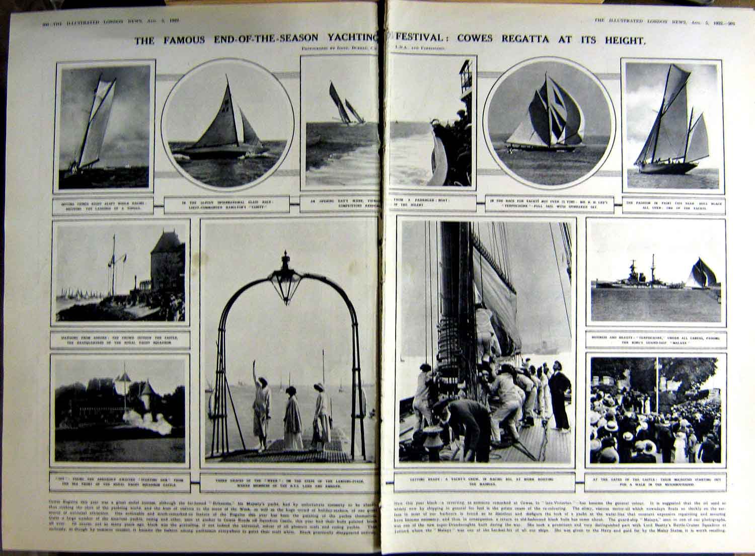 Original Old Vintage Print 1922 Cowes Regatta Racing Yacht Lloyd George Tennis
