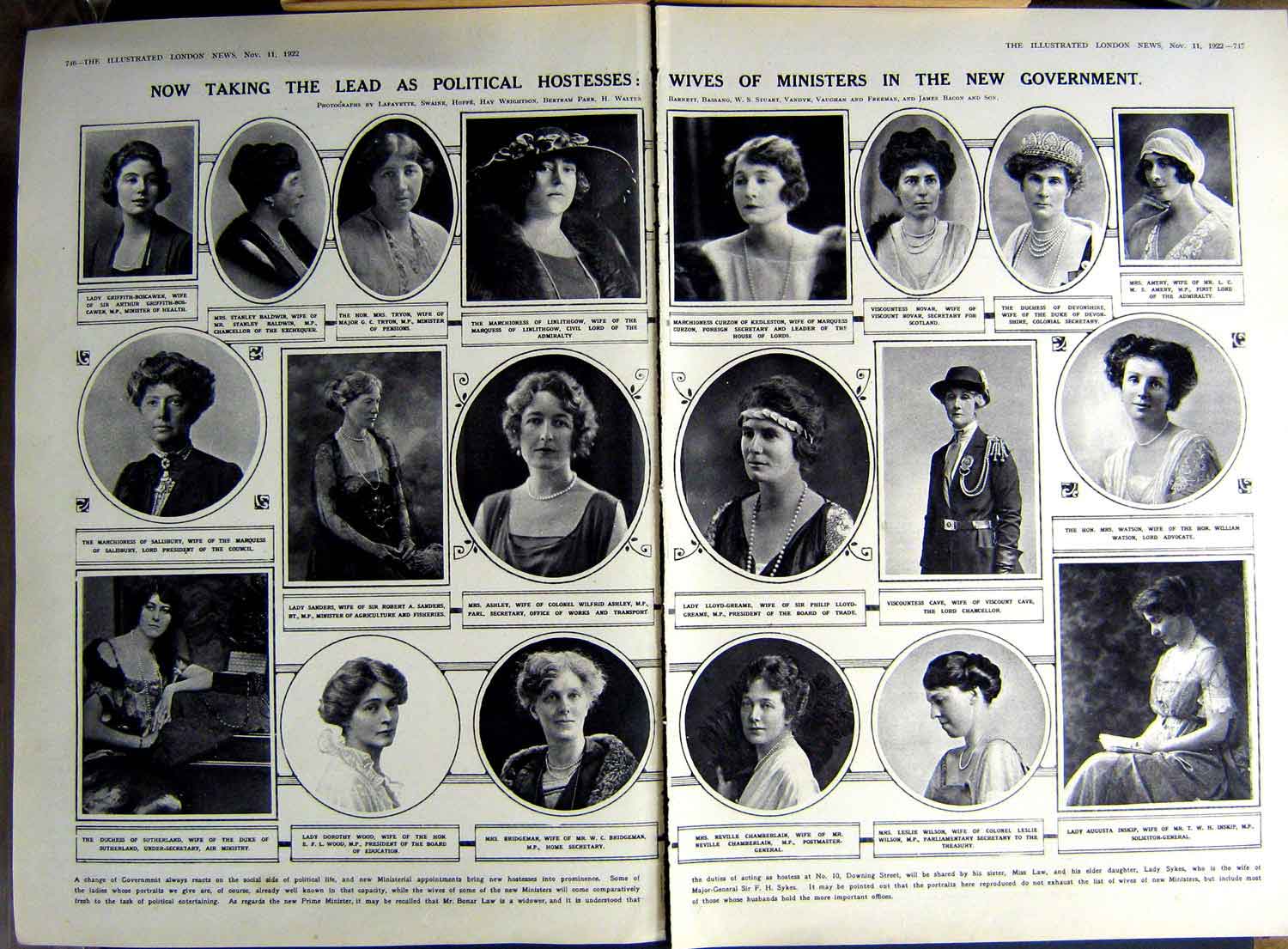 Old Vintage Print 1922 Government Wives Bonar Law Balfour Grey Theatre 20th