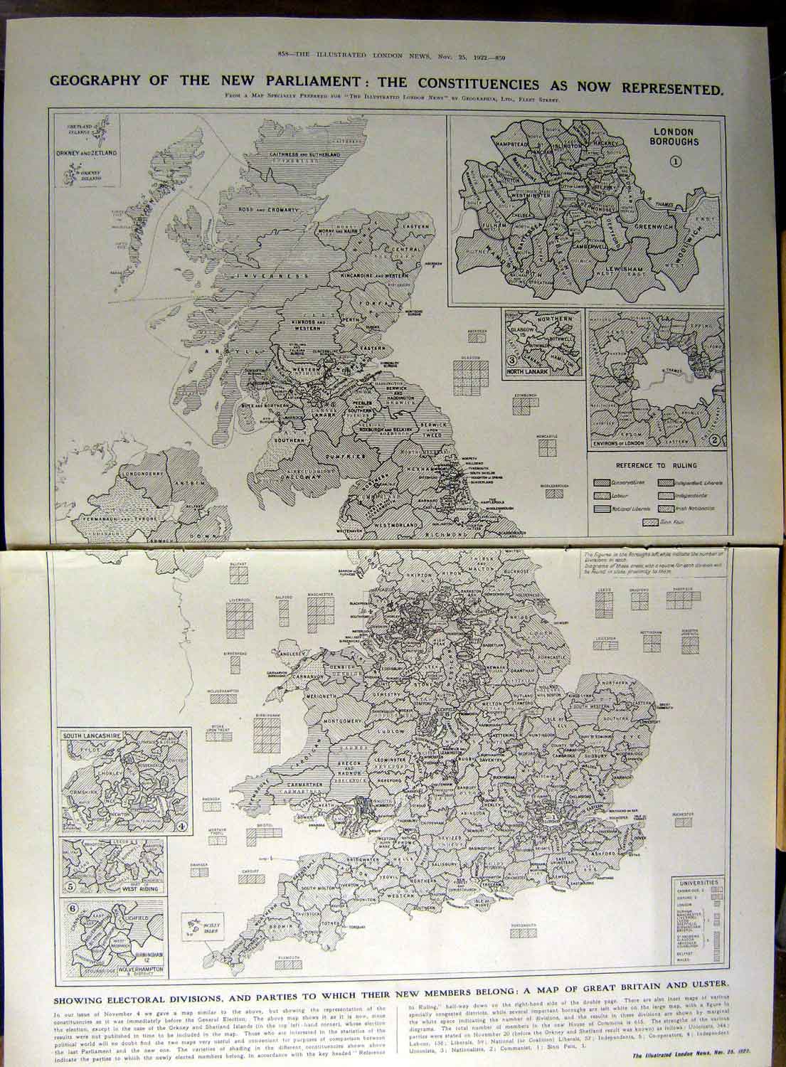 Old Vintage Print 1922 Map Parliament Constituencies Hamilton Sculpture 20th
