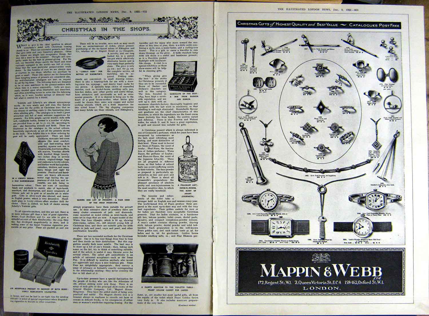 Old Vintage Print 1922 Mappin Webb Jewellers Christmas Medal Silver Bowl 20th