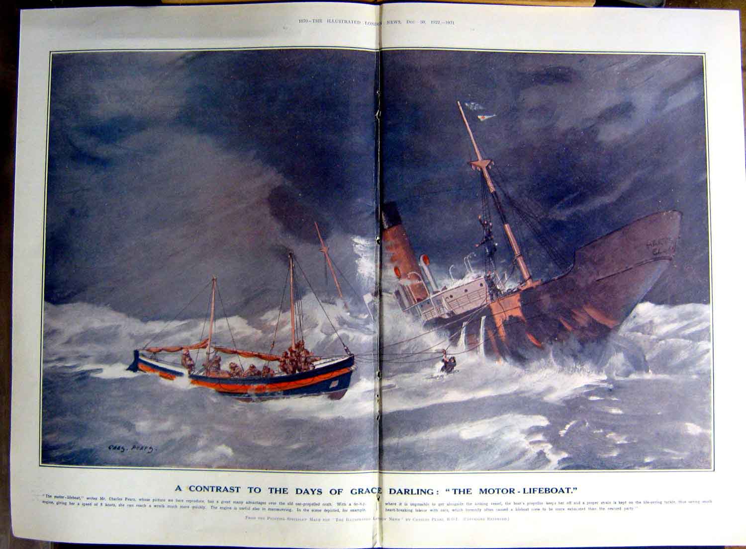 Old Vintage Print 1922 Motor Lifeboat Ship Rescue Chinese Art Partridges 20th