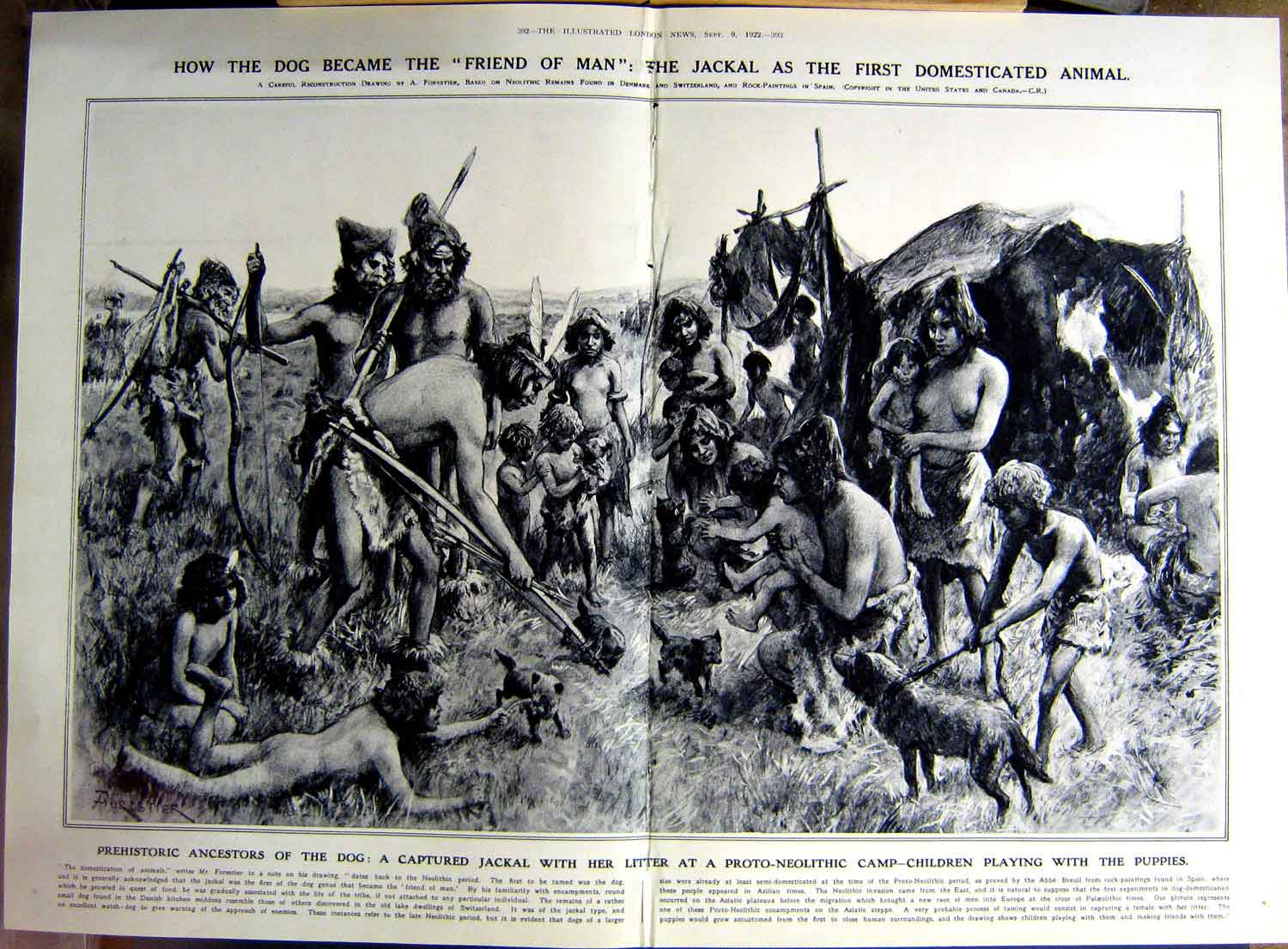 Antique Old Print 1922Prehistoric Jackal Prot-Neolithic Cathedral Tibetan 20th