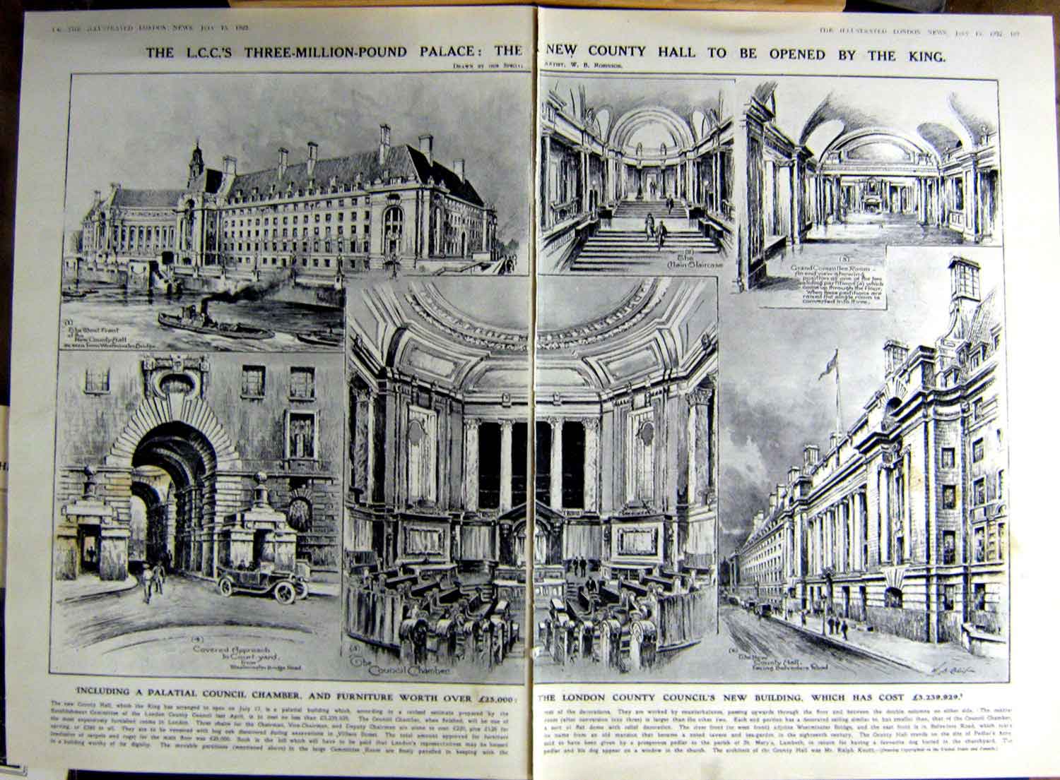 Old Vintage Print 1922 County Hall London Council Anderton Egyptian Art 20th