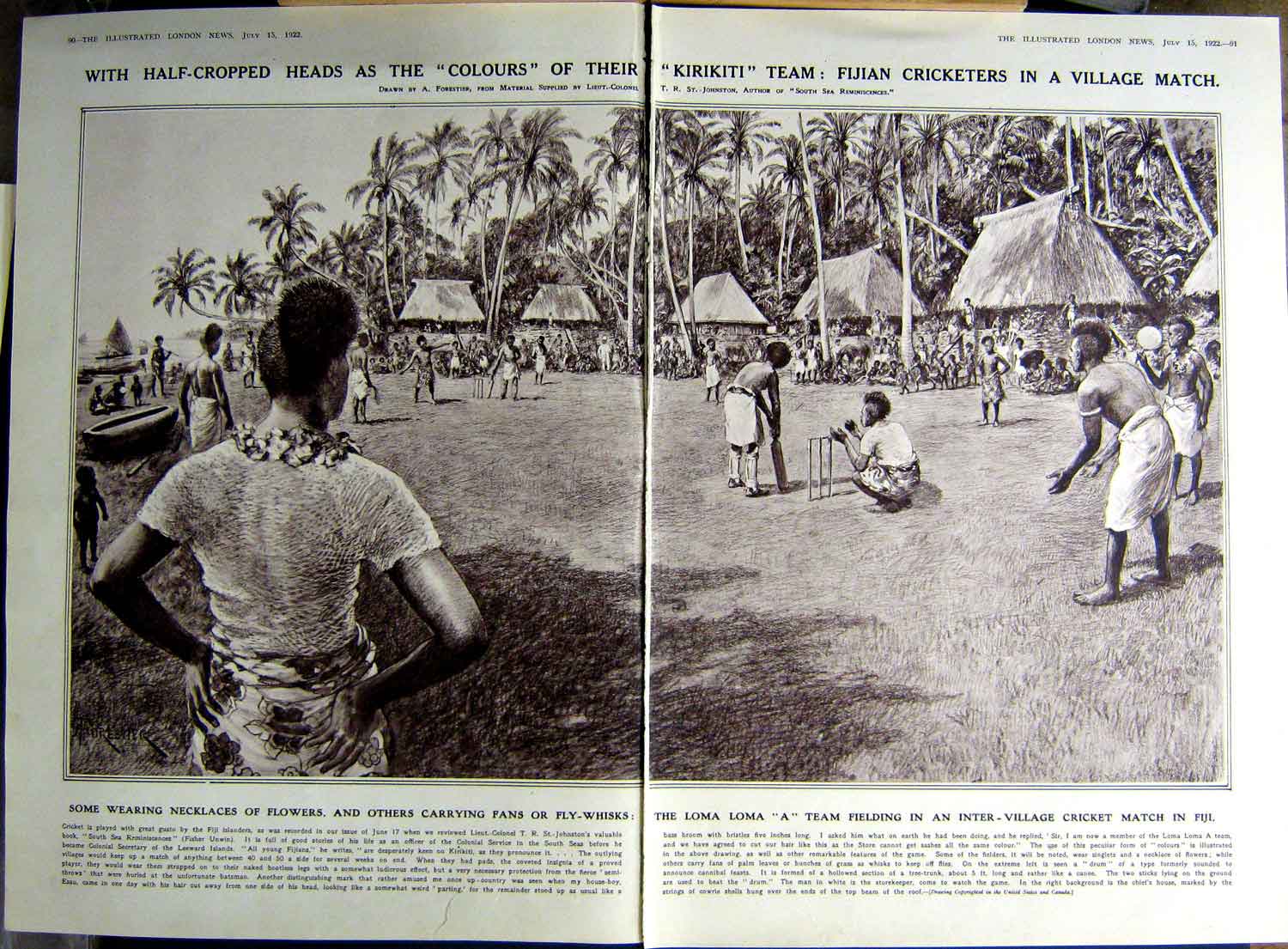 Old Vintage Print 1922 Kirikiti Fijian Cricketers Sport Ireland Henley 20th