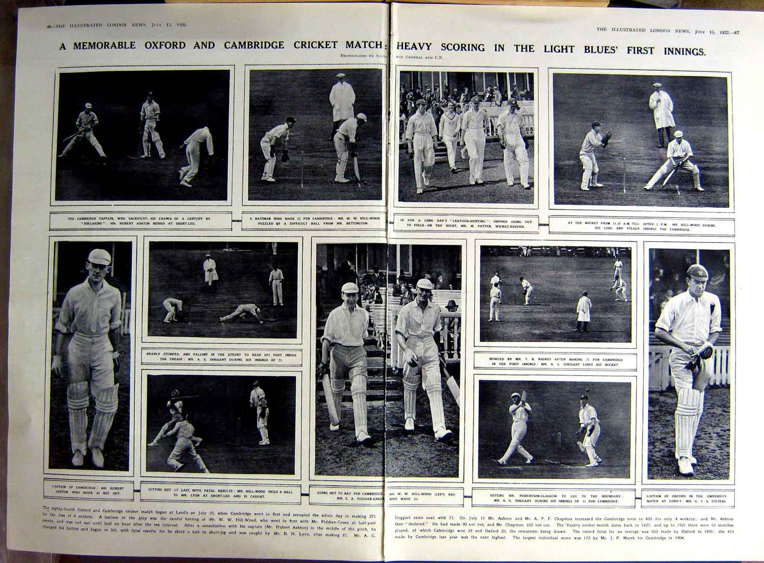 Old Vintage Print 1922 Oxford Cambridge Cricket Sport Mountbatten Ashley 20th