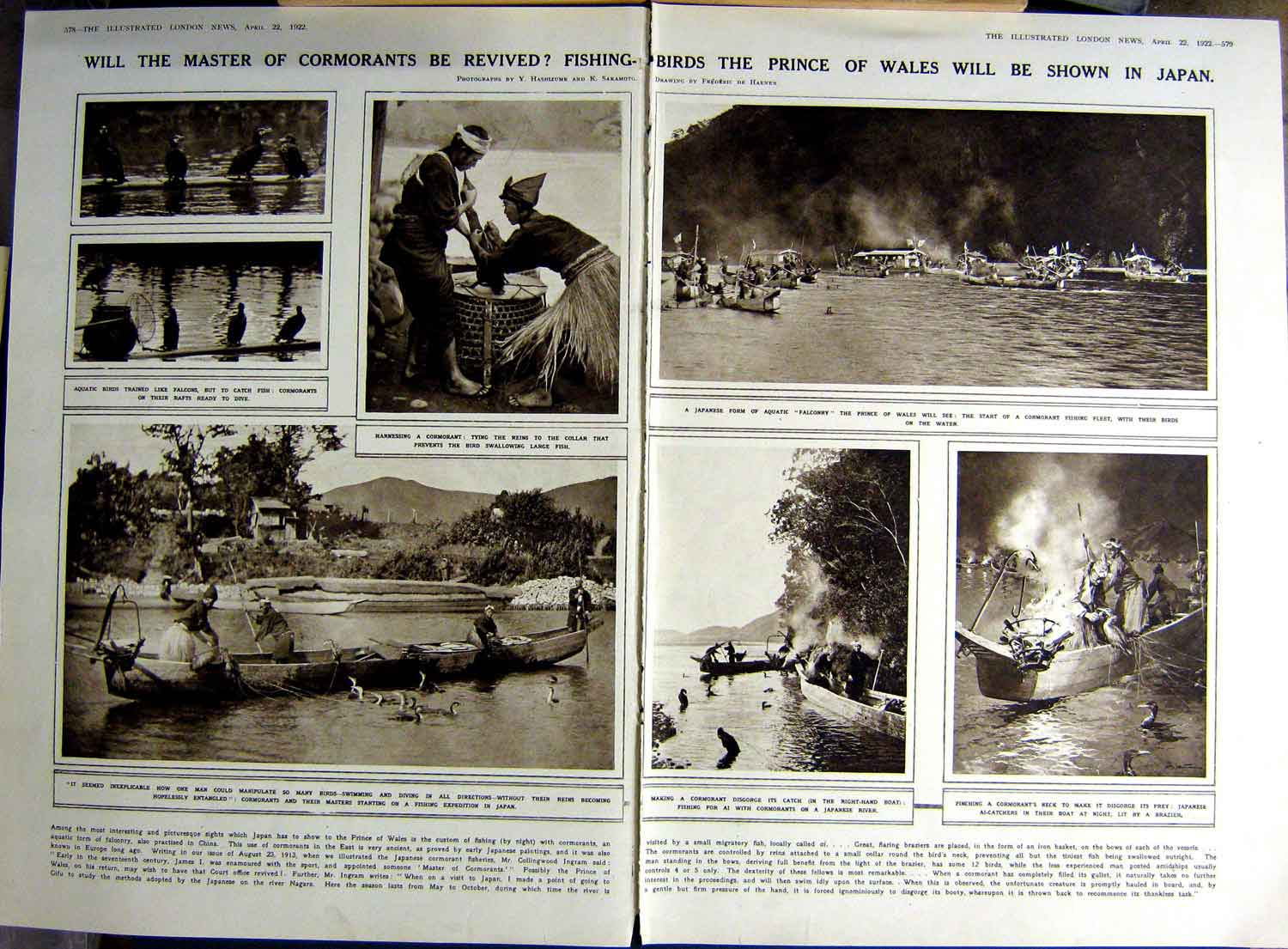 Antique Old Print 1922 Fishing Ai-Catchers Japan Prince Wales Mountbatten 20th