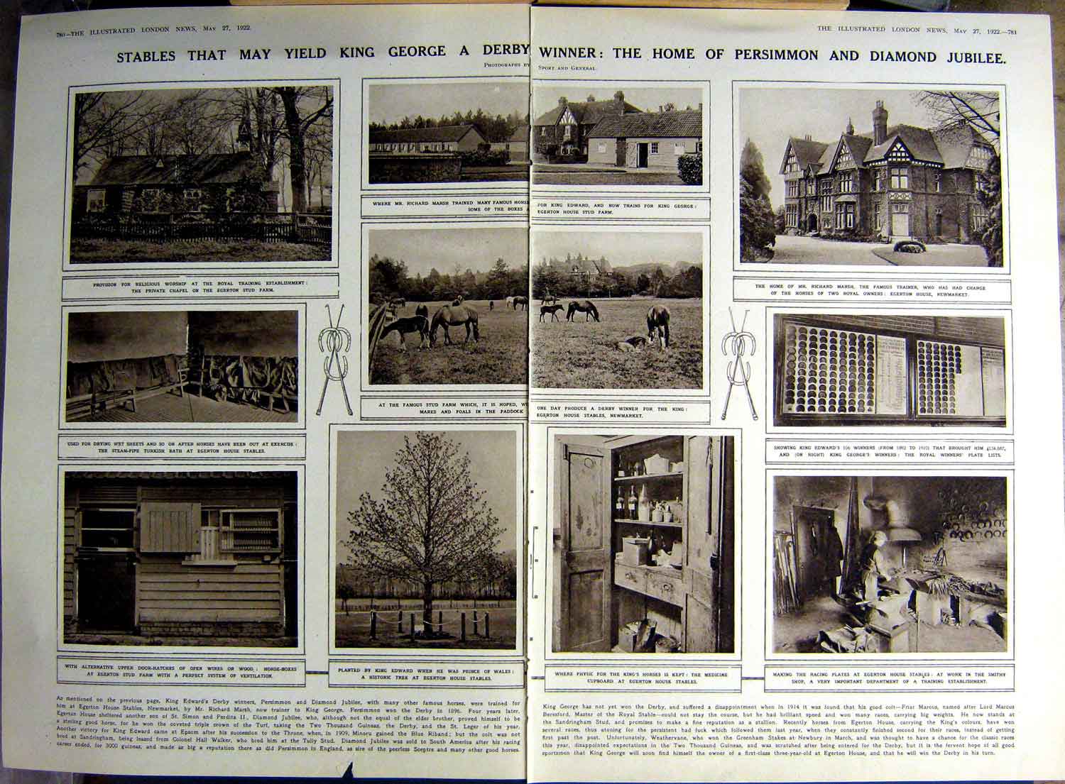 Old Vintage Print 1922 Horses Stable Persimmon Egerton Racing Marshall 20th
