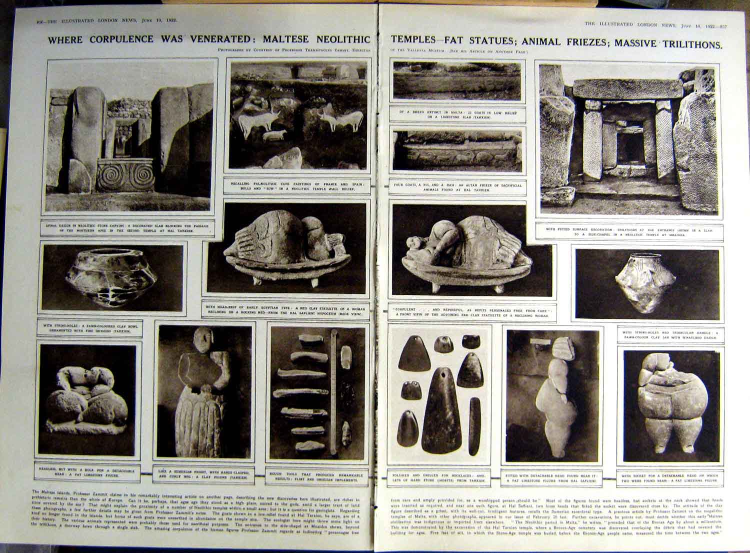 Old Vintage Print 1922 Maltese Neolithic Temples Stautes Prehistoric Inn 20th