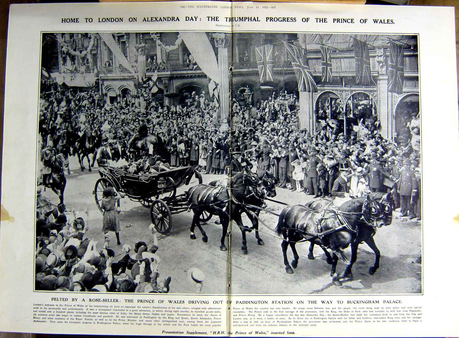 Old Vintage Print 1922 Prince Wales Horses Coach Paddington Mountbatten 20th