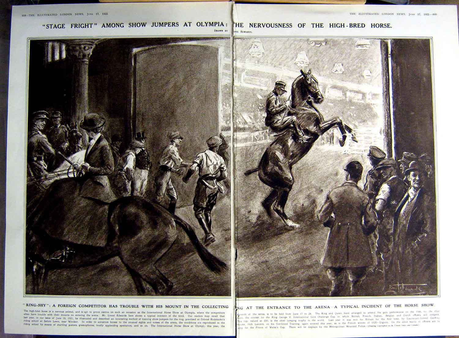 Antique Old Print 1922 Show Jumpers Horses Olympia Musketeers Art Theatre 20th