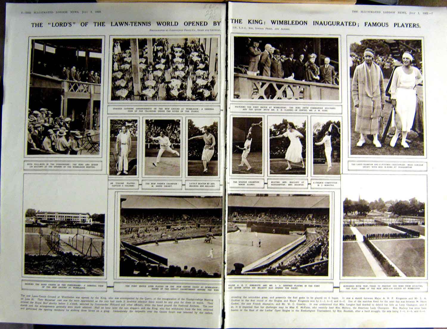 Old Vintage Print 1922 Tennis Sport Wimbledon Mallory Cochet Golf Wilson 20th