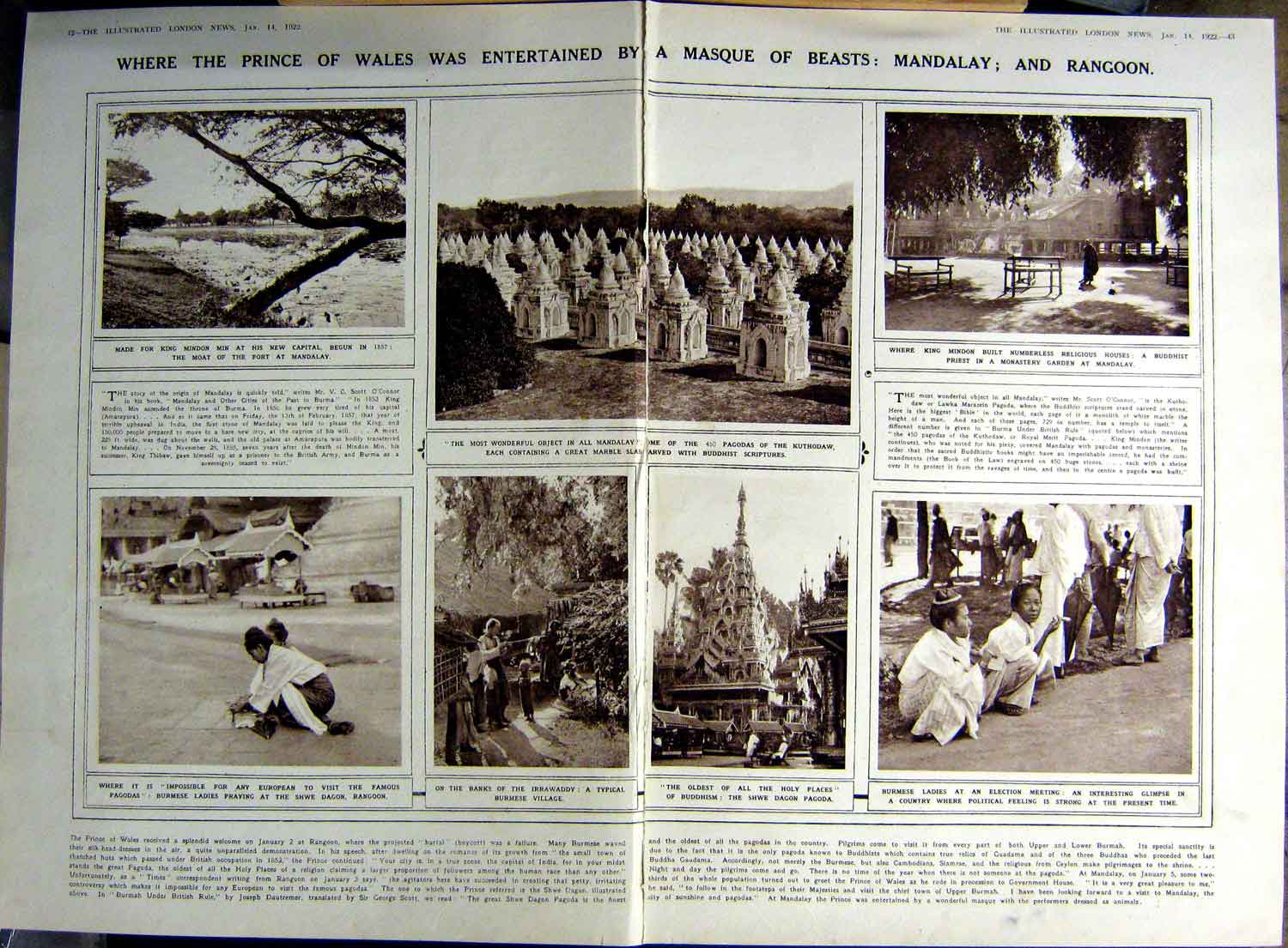 Original Old Vintage Print 1922 Mandalay Rangoon Buddhism Lillian Gish Lucknow