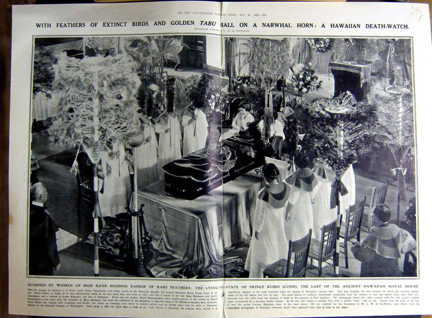 Old Vintage Print 1922 Prince Kuhio Funeral Hawaiian Tabu Princess Mary 20th