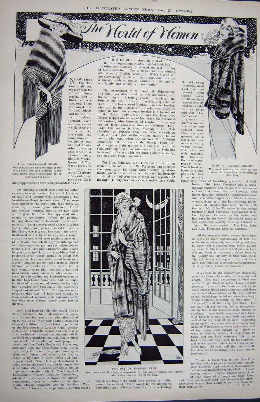 Old Vintage Print 1922 Womens Fashion Stole Fur Store Nelson Trafalgar 20th