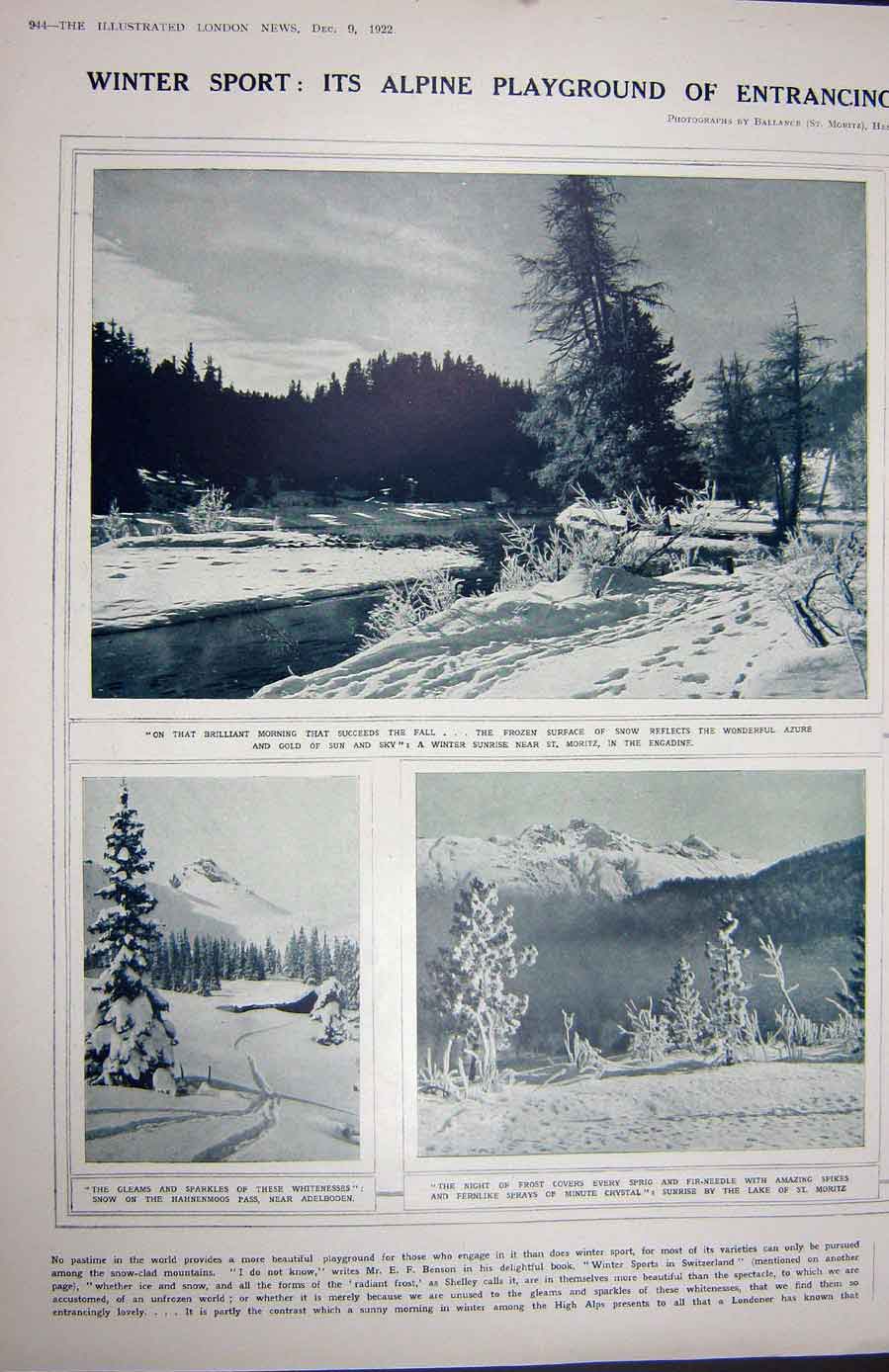 Old Vintage Print 1922 Tobogganing Schtz-Alp Davos Sport Snow Engadine 20th