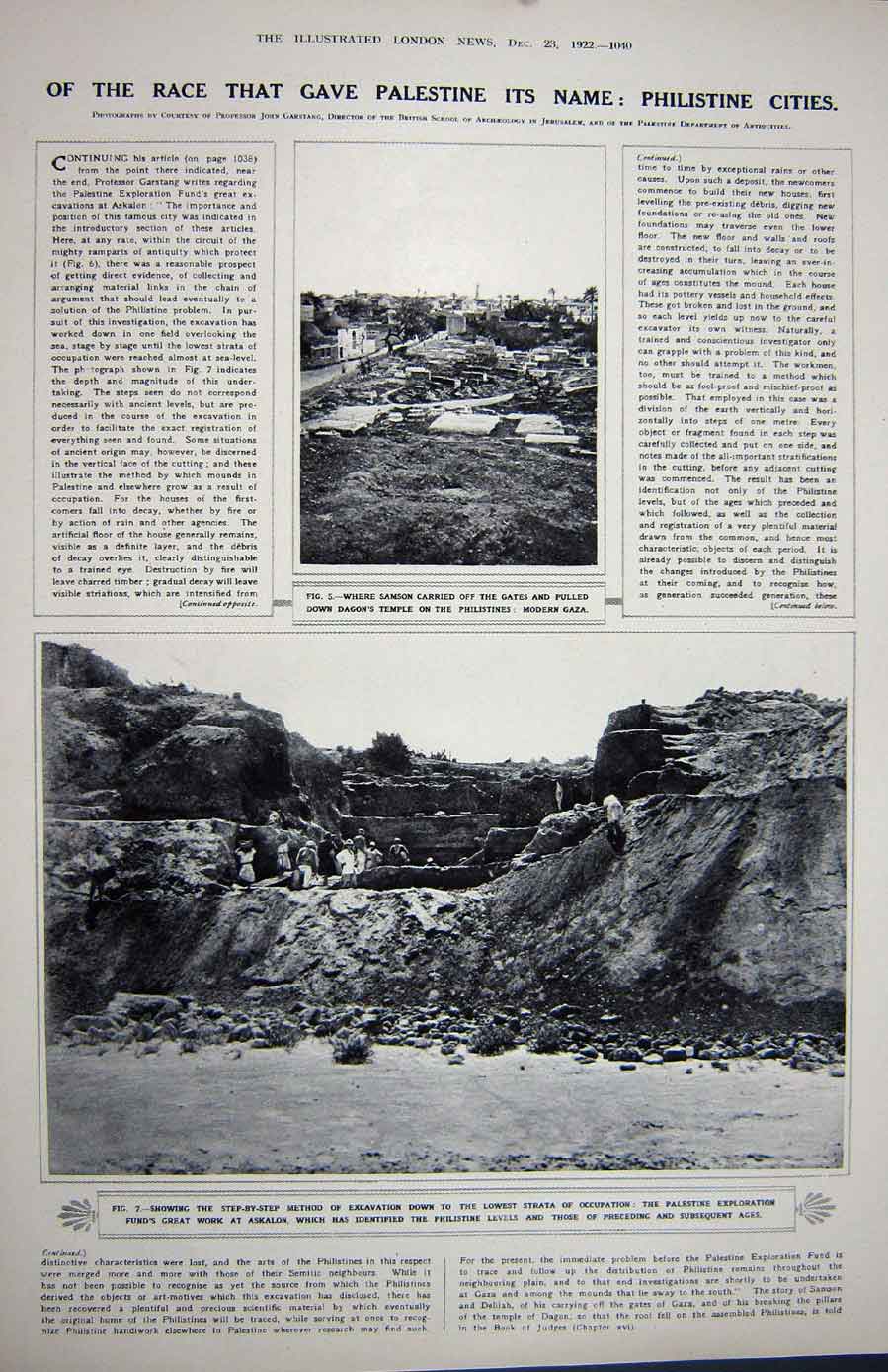 Old Vintage Print 1922 Philistine Esdud Dagon Askalon Temple Gaza Samson 20th