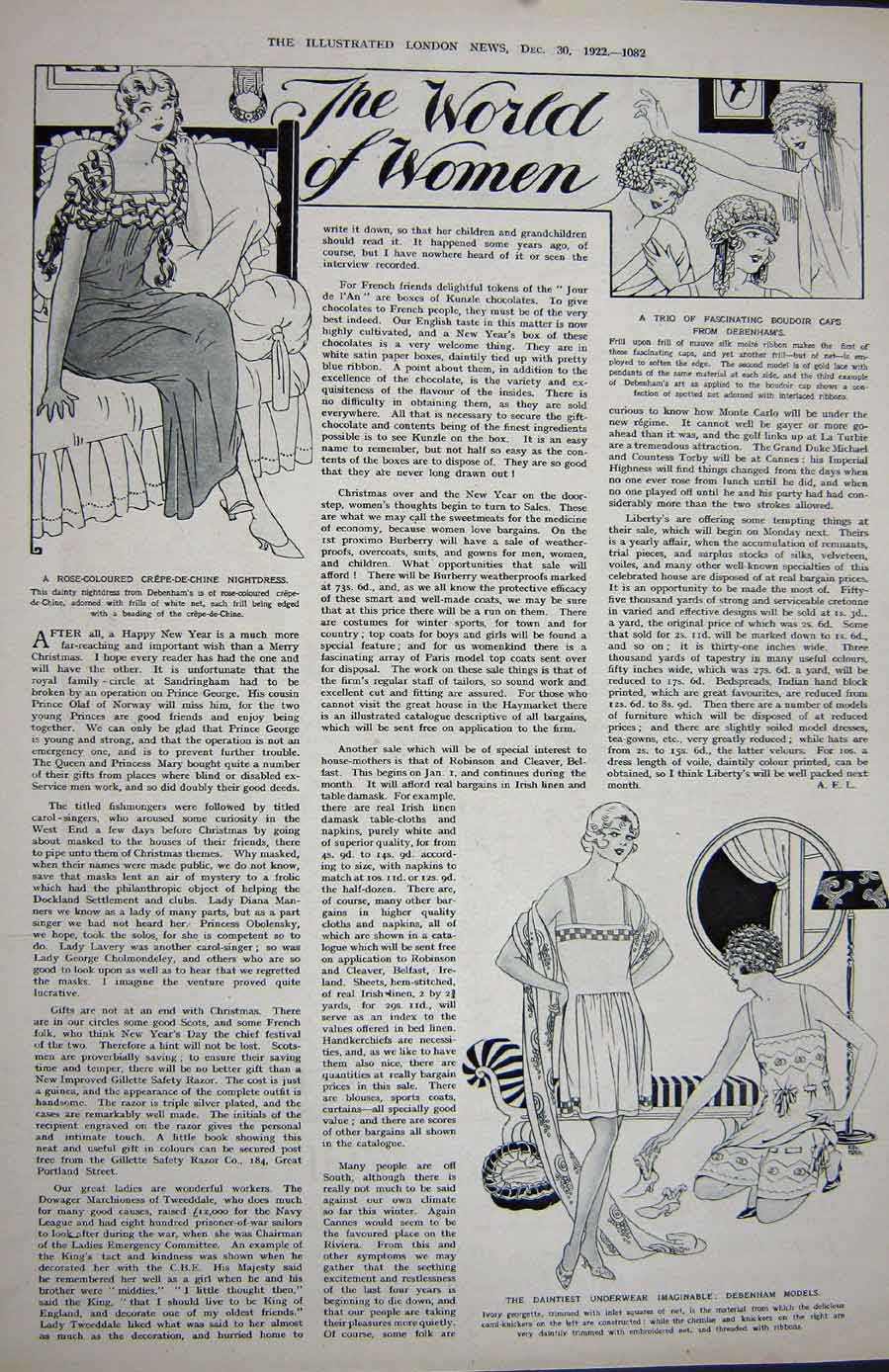 Old Vintage Print 1922 Sheppey Chateau France Chile Earthquake Fashion 20th