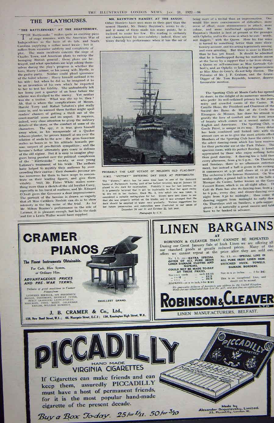Old Vintage Print 1922 Buchanan'S Scotch Whisky Nelson Ship Victory Dock 20th