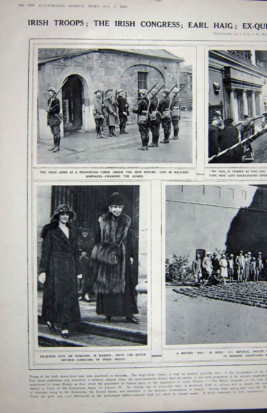 Old Vintage Print 1922 Calcutta Wild Barker Queen Zita Spain Irish Army 20th