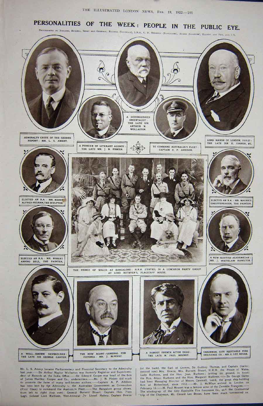 Old Vintage Print 1922 Princess Mary Kheddah Pope Pius Prince Wales Bell 20th