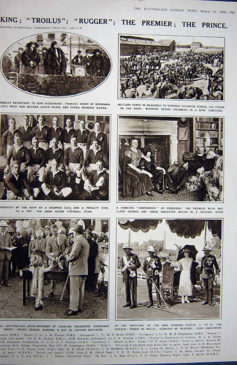 Old Vintage Print 1922 Rhondda Countess Baroness Rugby Lloyd George King 20th