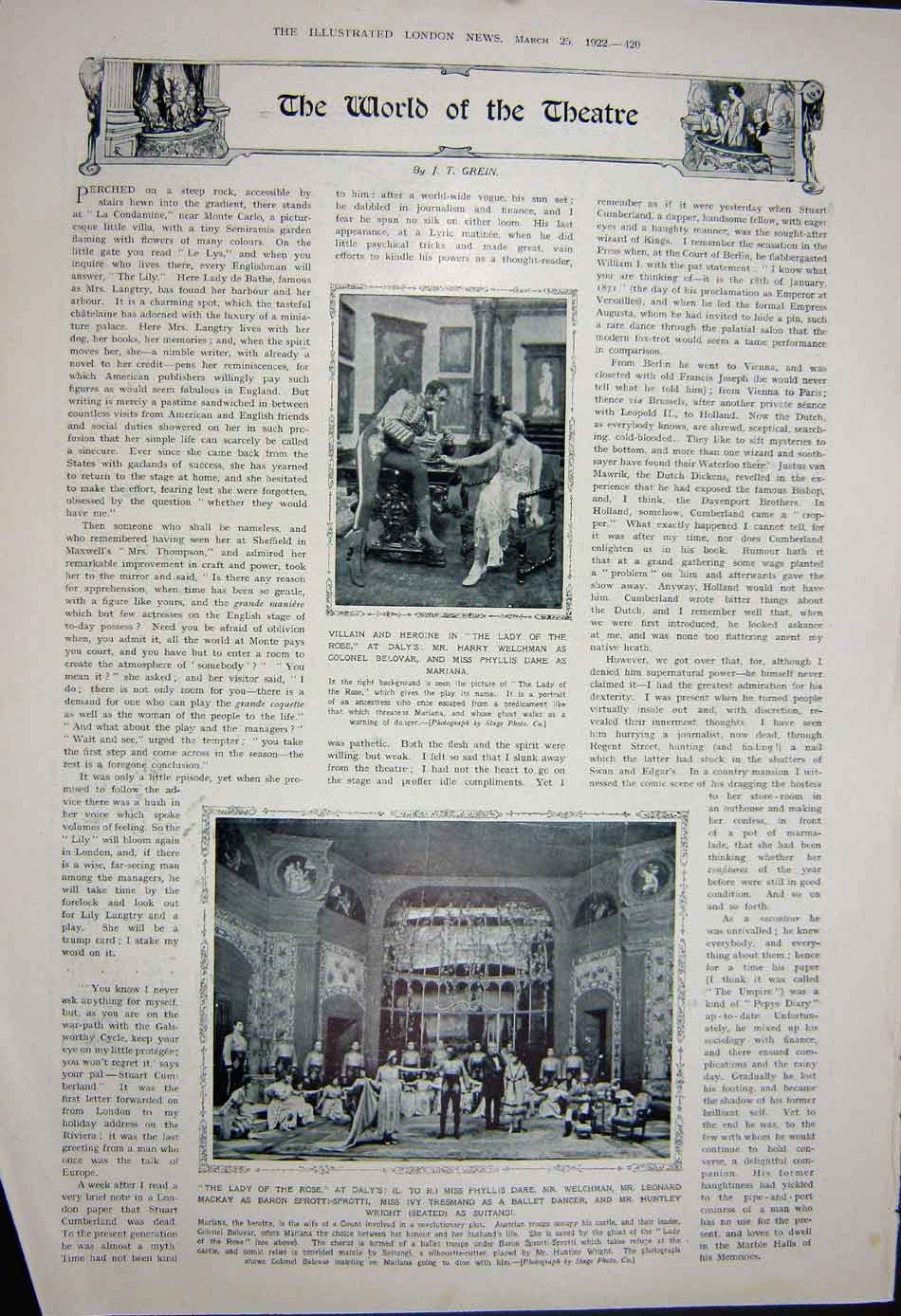 Antique Old Print 1922 Theatre Phyllis Dare Lady Rose Fishing Boat France 20th