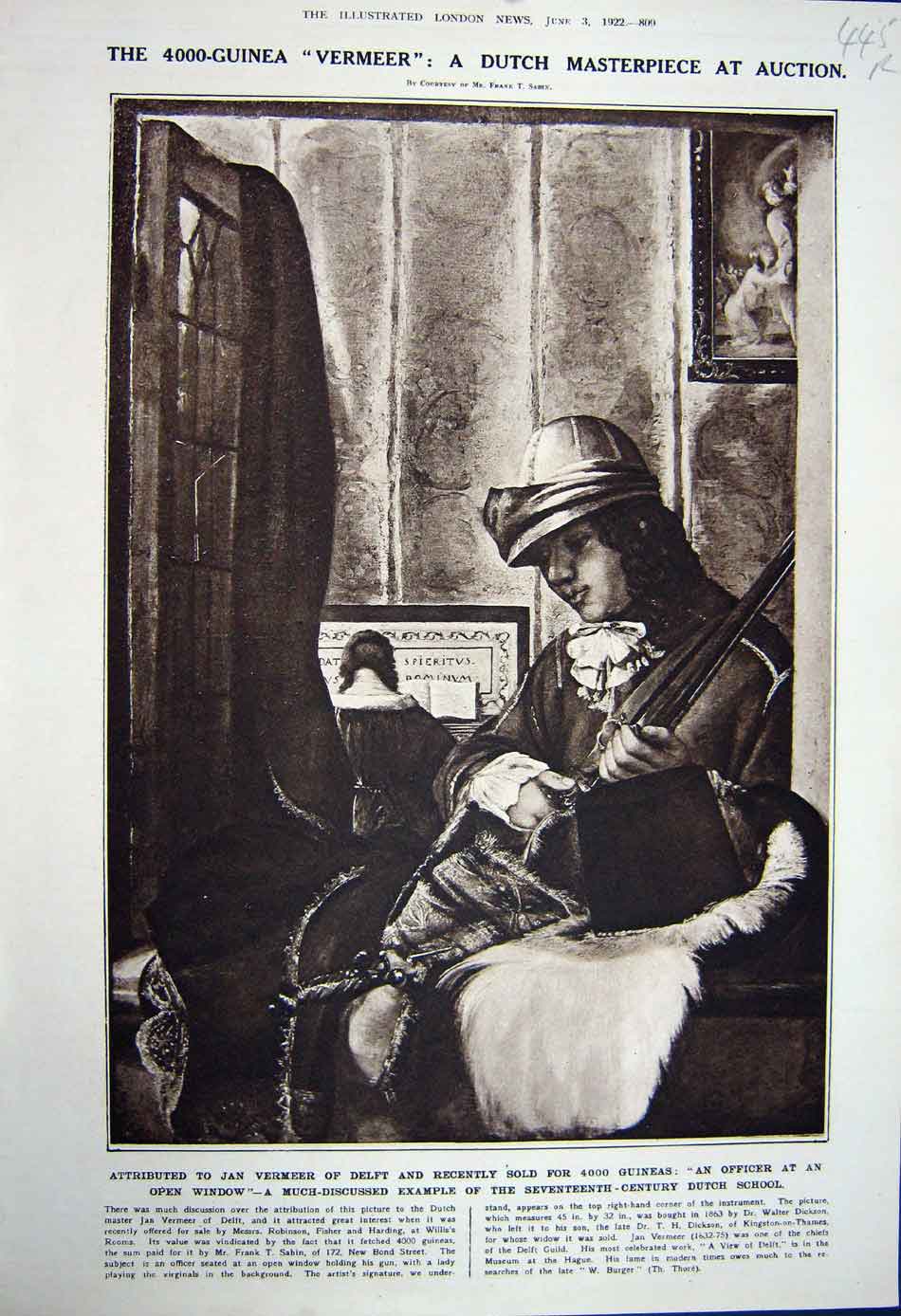 Old Vintage Print 1922 Jan Vermeer Art Music Allenby War Memorial Henry 20th