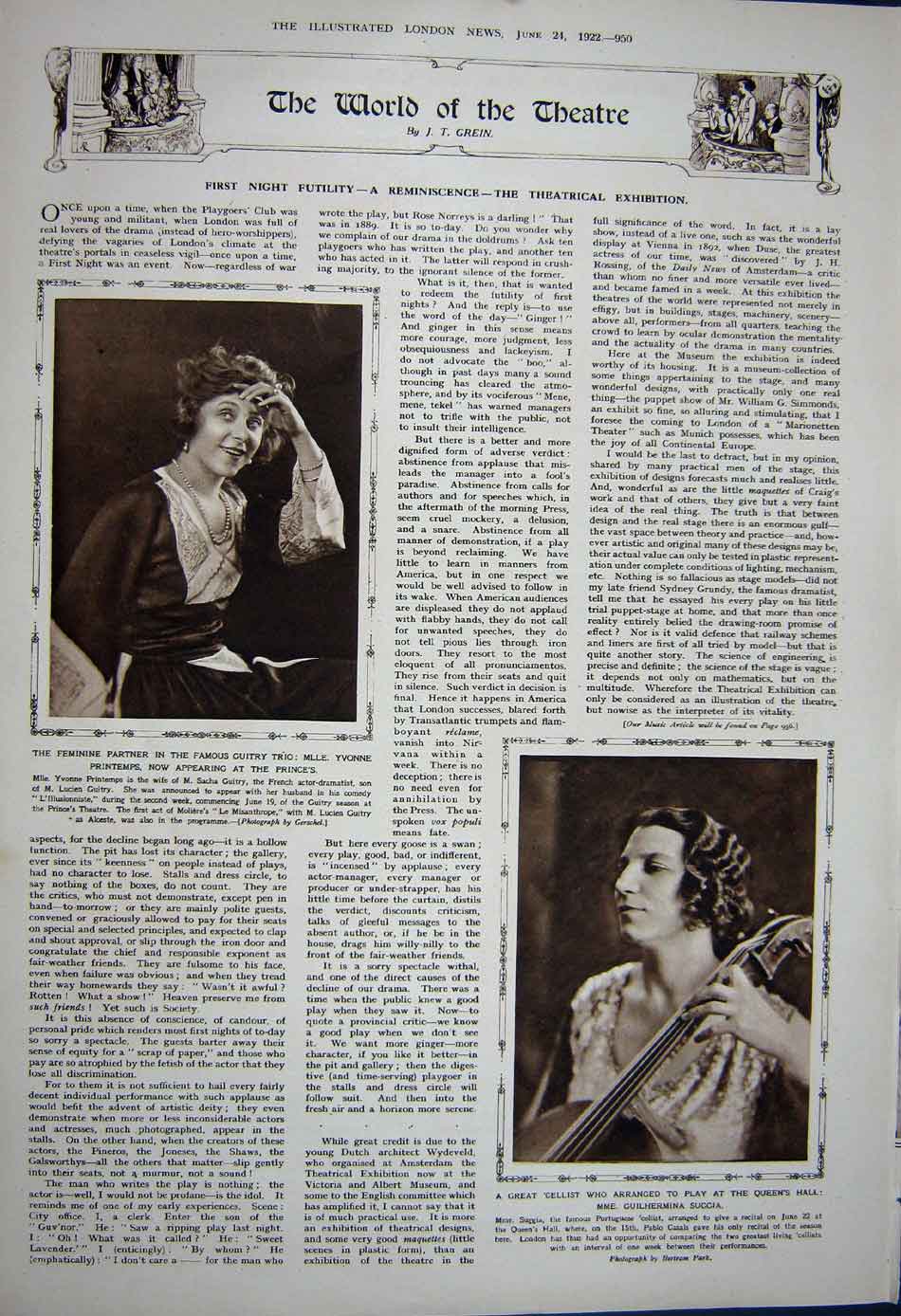 Old Vintage Print 1922 Italy'S Princesses Maria Giovanna Theatre Suggia 20th