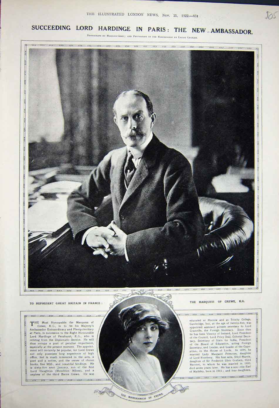 Original Old Vintage Print 1922 Marquess Marchioness Crewe Ambassador France