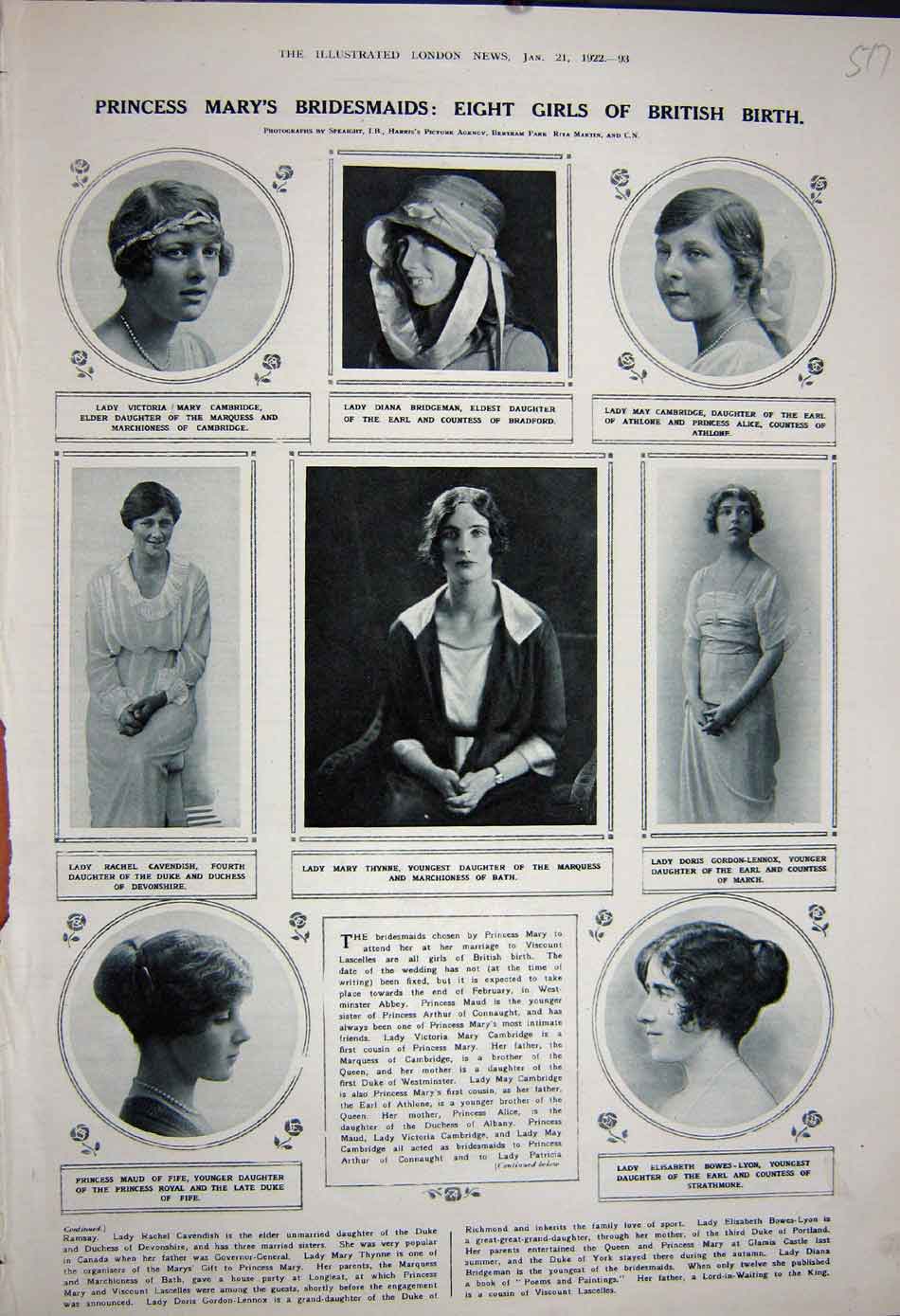 Old Vintage Print 1922 Princess Mary Bridesmaid Lady Thynee Doris Diana 20th
