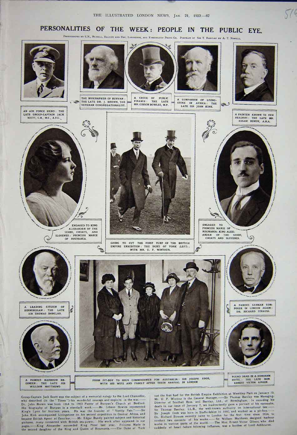 Old Vintage Print 1922 Men Joseph Cook Gibson Duke York Wintour John Kirk 20th