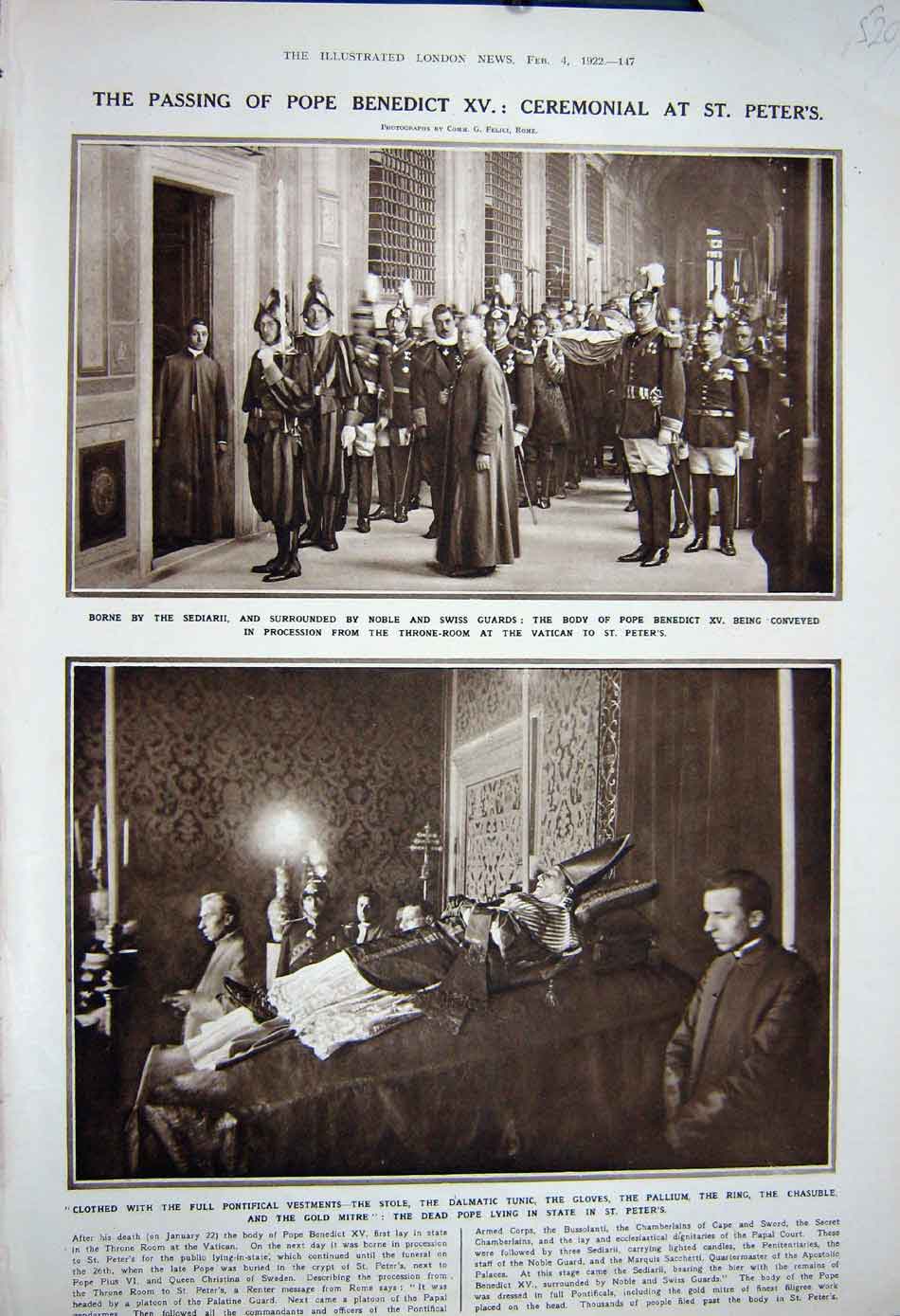 Old Vintage Print 1922 Pope Benedict Dead Peter'S Dalmatic Tunic Vatican 20th
