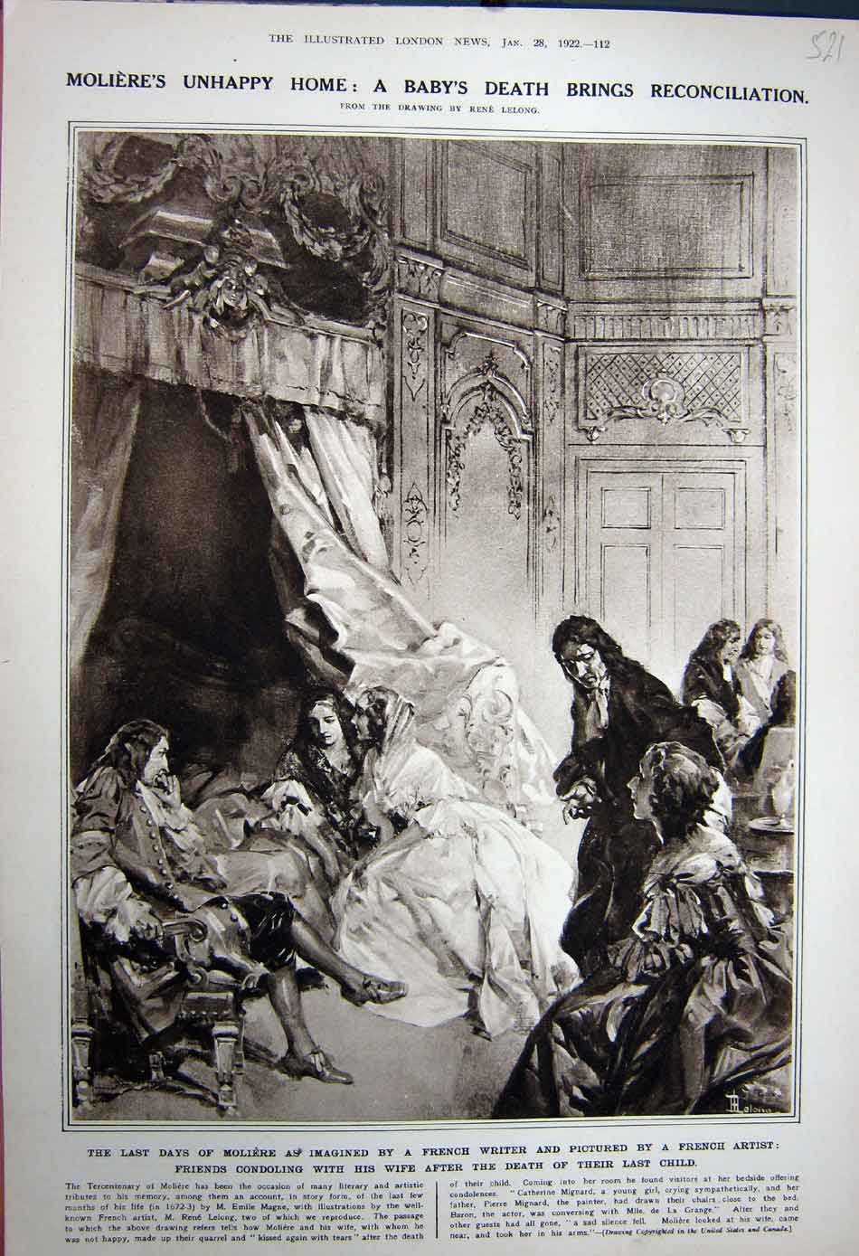 Old Vintage Print 1922 Moliere Baby'S Death Catherine Mignard Crying Home 20th