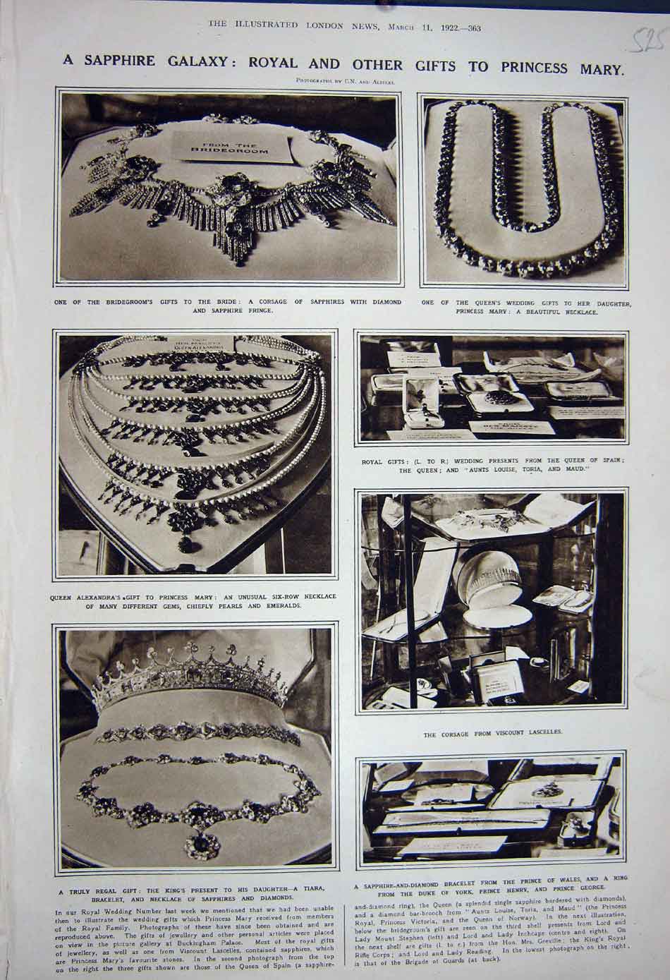 Old Vintage Print 1922 Royal Gifts Princess Mary Necklace Bracelet Tiara 20th