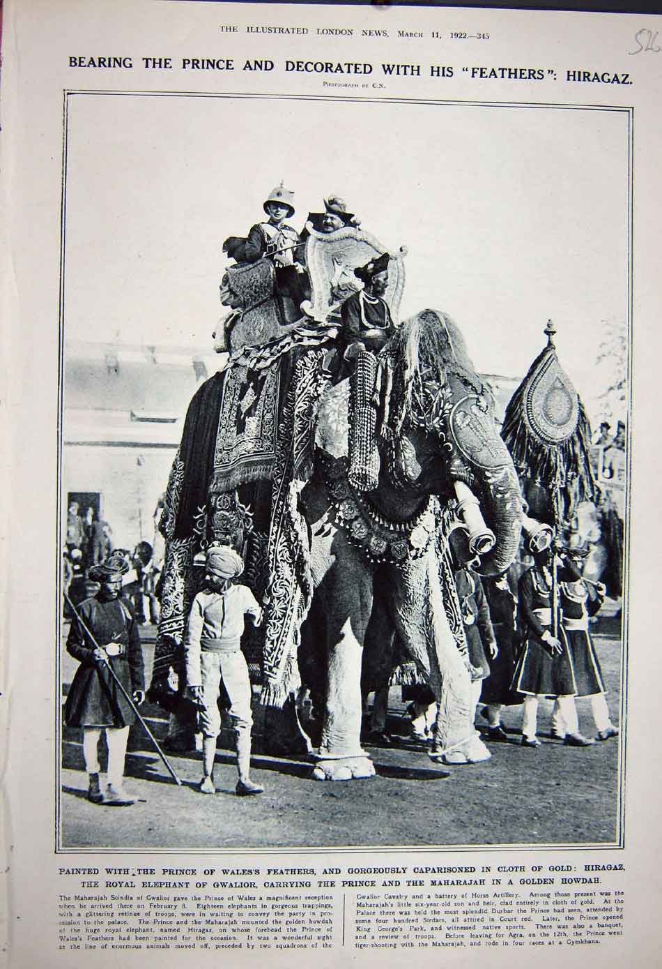 Old Vintage Print 1922 Hiragaz Royal Elephant Gwalior Prince Wales Howdah 20th