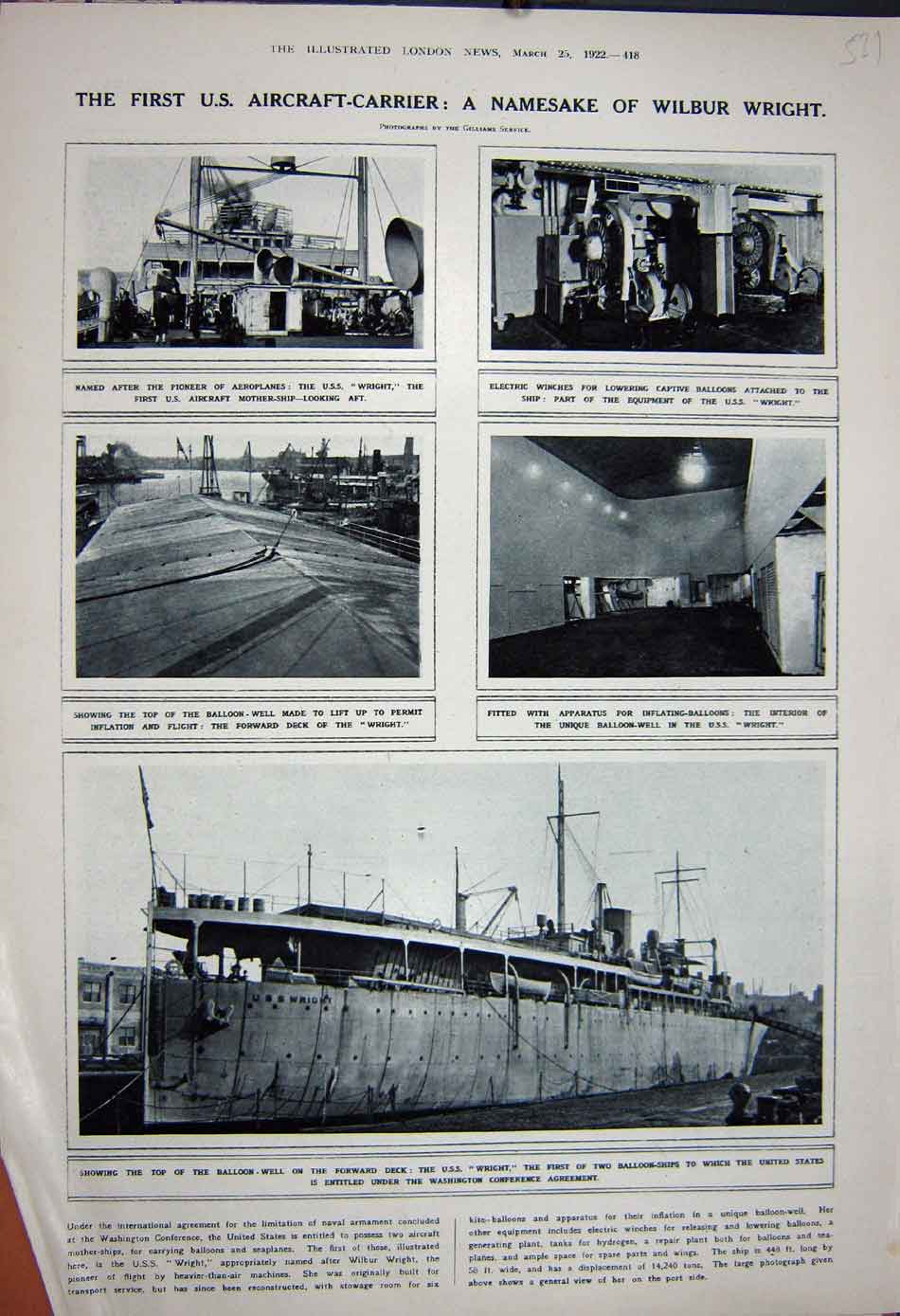 Old Vintage Print 1922 U.S.S Wright Balloon Ship America Aircraft Wilbur 20th