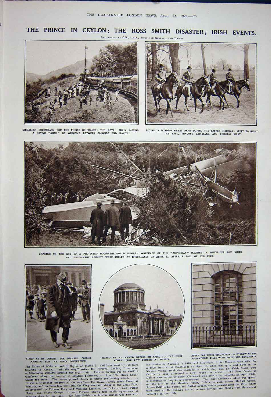 Original Old Vintage Print 1922 Prince Wales Ceylon Amphibian Crash Law Courts