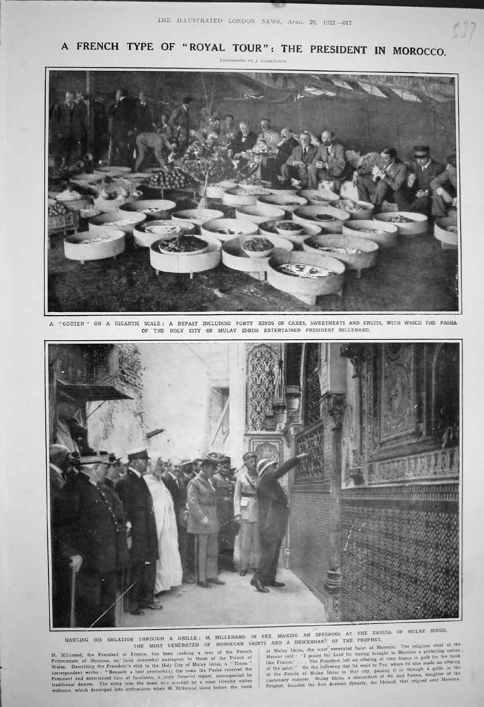 Old Vintage Print 1922 Millerand Fez Zaouia Milay Idriss Morocco Gouter 20th