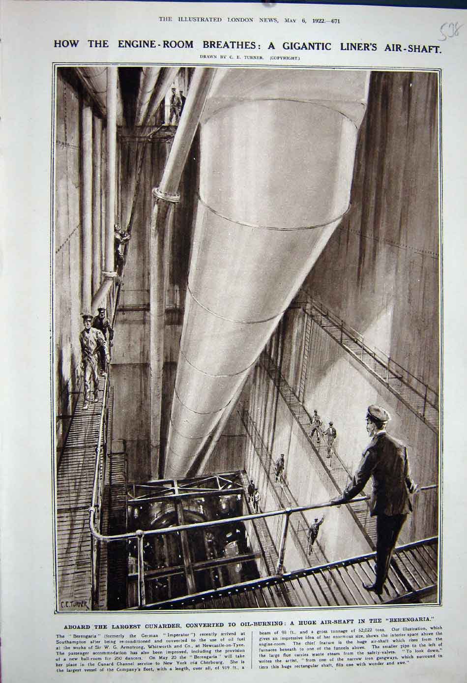 Original Old Vintage Print 1922 Air-Shaft Berengaria Cunarder Ship Liner Engine