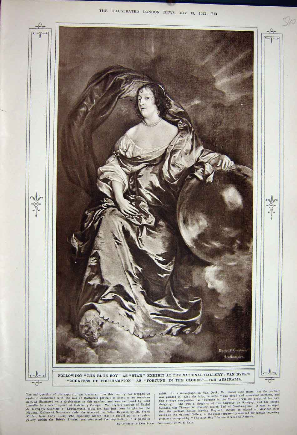 Original Old Vintage Print 1922 Van Dyck Rachel Countess Southampton Portrait