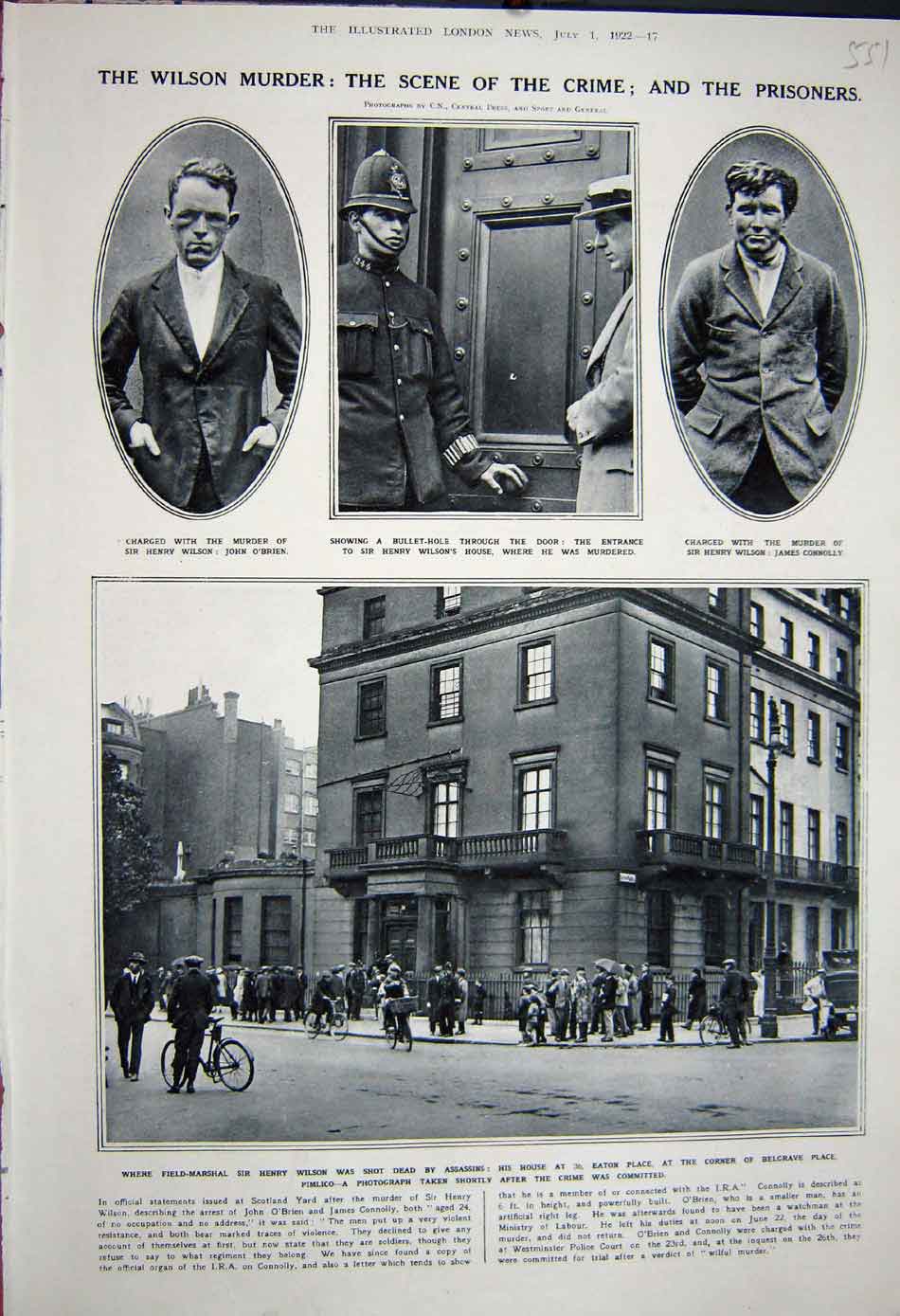 Old Vintage Print 1922 Henry Wilson Murder O'Brien Connolly Eaton Place 20th