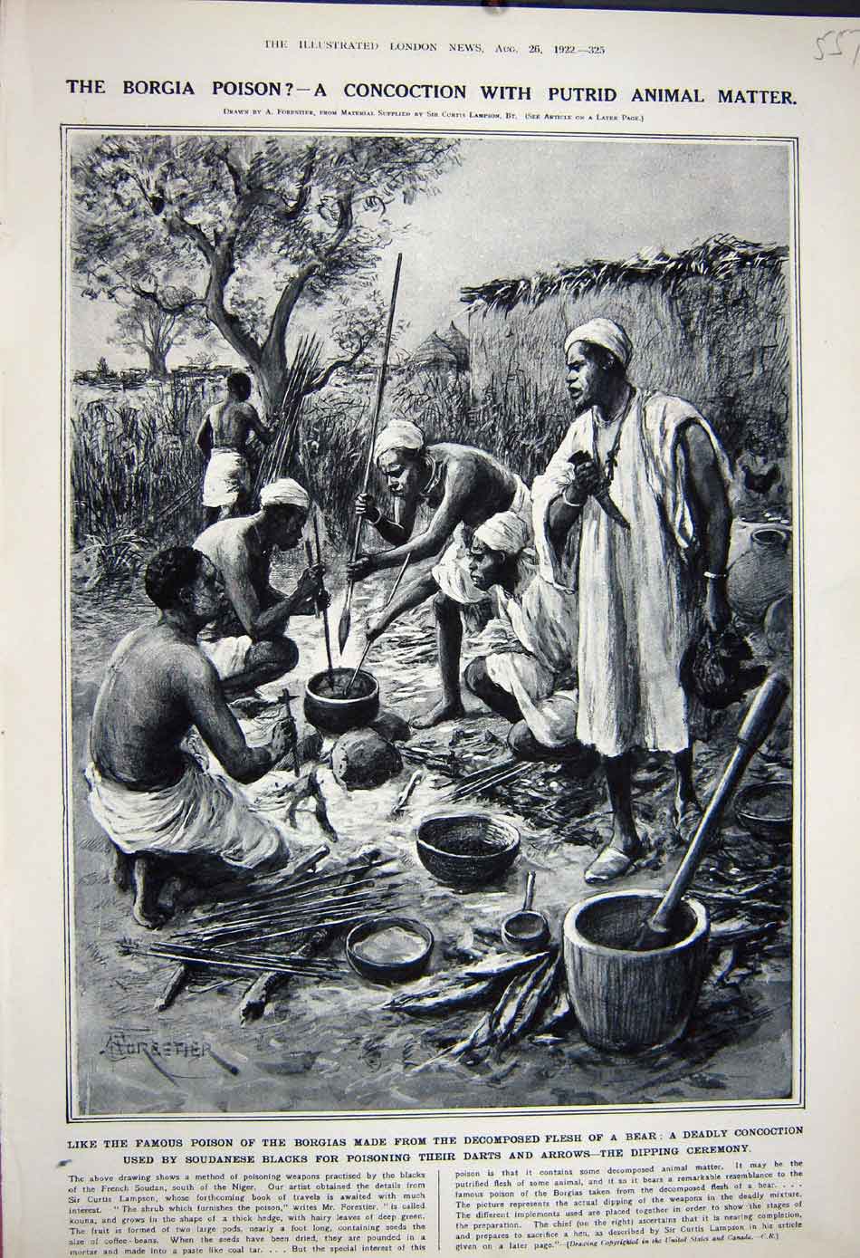 Original Old Vintage Print 1922 Borgia Poison Soudanese Blacks Darts Arrows