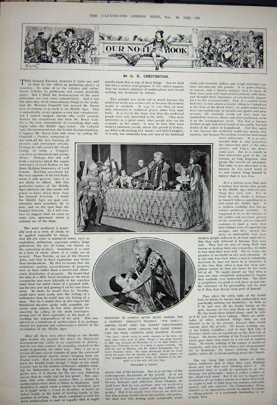 Old Vintage Print 1922 General Rafet Pasha British Officer Theatre Cenci 20th