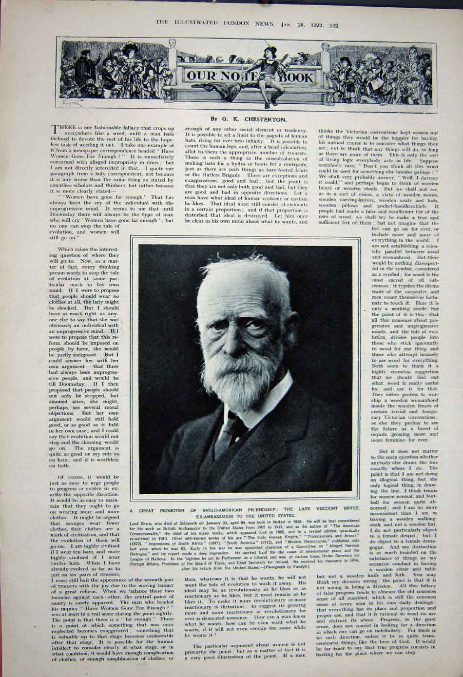 Original Old Vintage Print 1922 Chelsea Art Club Killjoy Vicount Bryce America