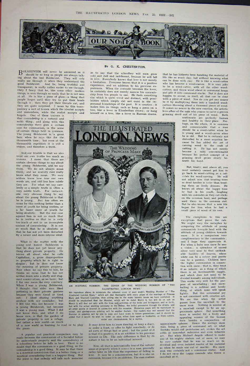 Old Vintage Print 1922 Portrait Viscount Lascelles Mary Wedding Solomon 20th