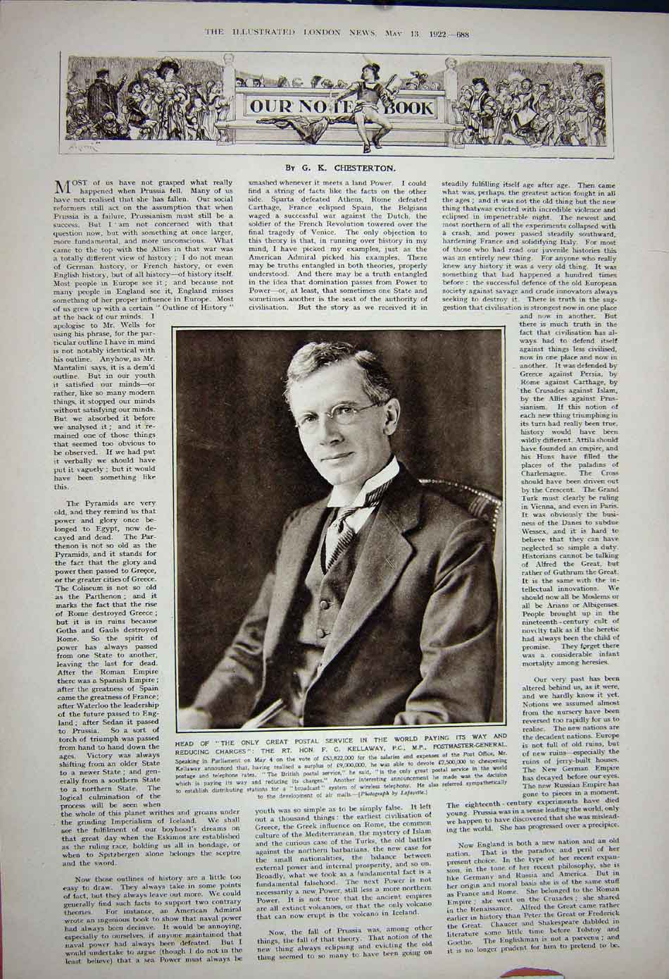 Original Old Vintage Print 1922 Birkenhead Lord Chancellor Kellaway Postmaster